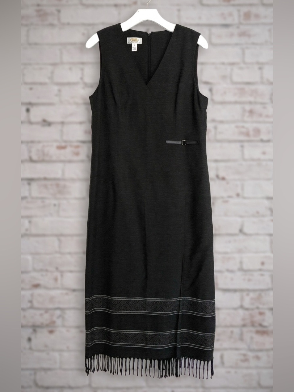 TALBOTS Charcoal Grey Sleeveless V-Neck Fringe-Hem Midi Dress